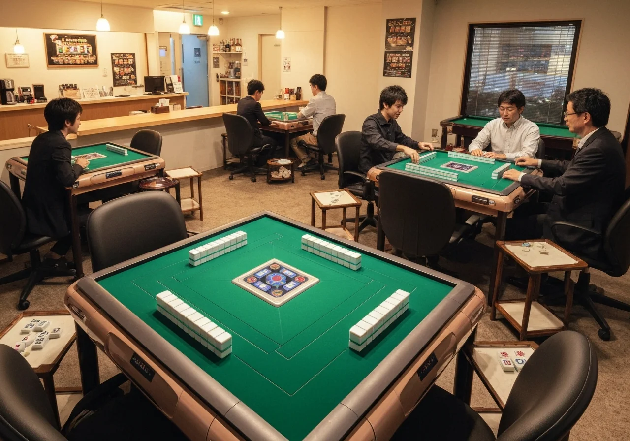 A wide photo of the interior with fully automatic mahjong tables lined up