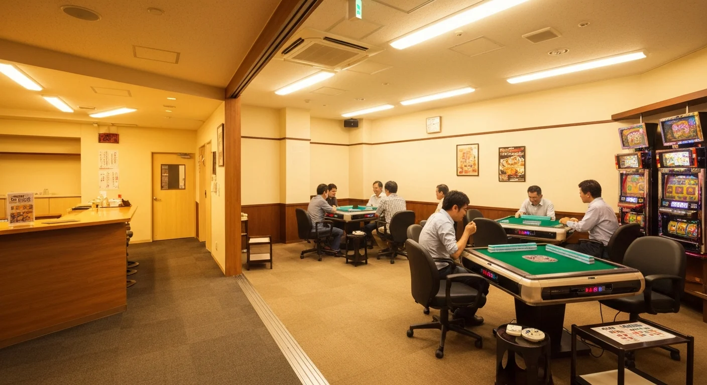 A photo of a tidy mahjong room with bright lighting, viewed from the entrance side